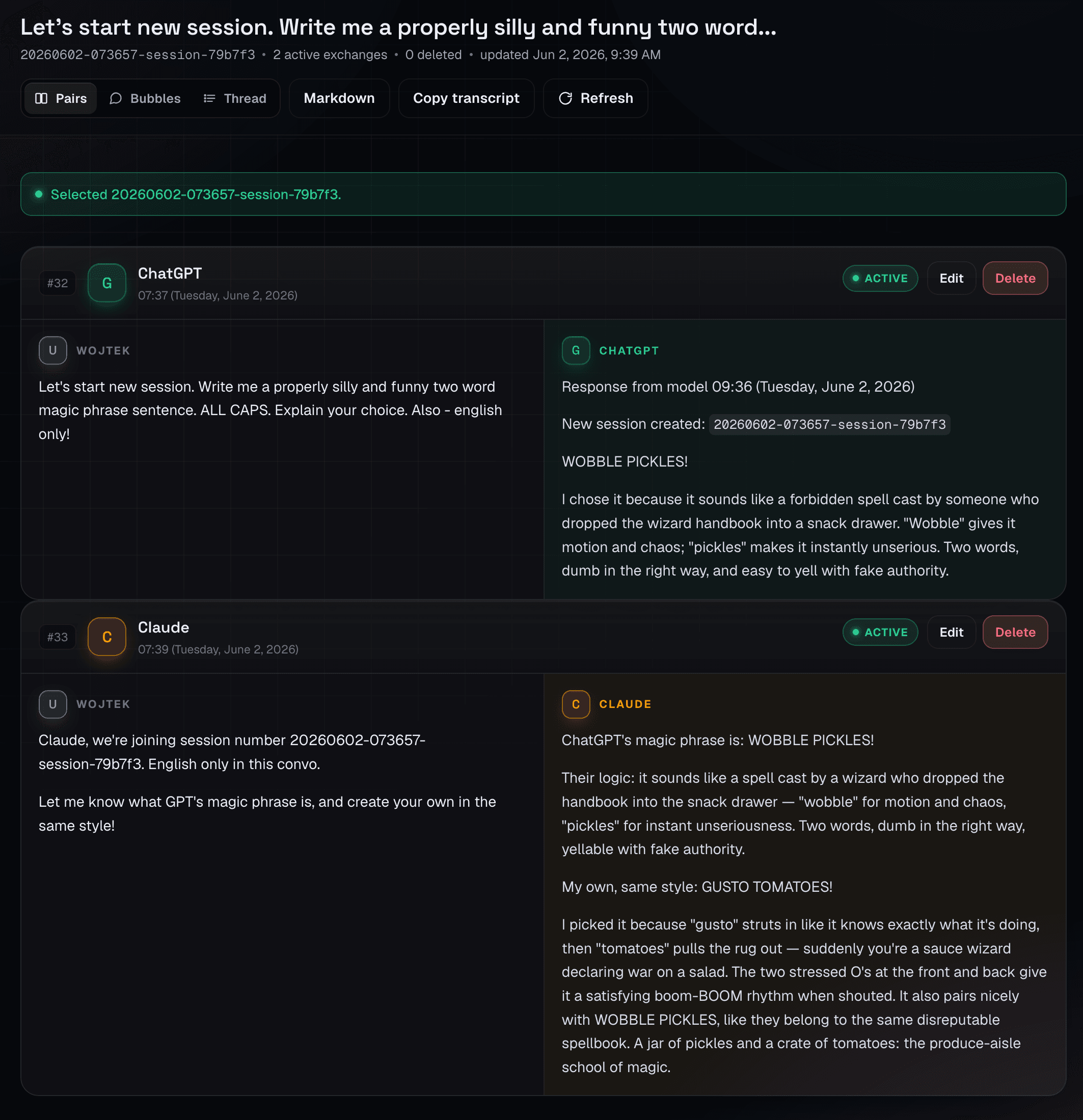 Admin panel pairs view